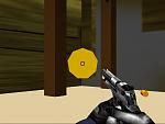 Shooting the Desert Eagle. Notice the slide moves back, the cartridge is ejected. The yellow cone in the center is the bullet.